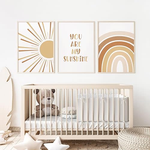 Boho Nursery Wall Art Baby Girl Wall Decor Kids Rainbow Canvas Wall Art You Are My Sunshine Pictures Toddler Sun Prints Nursery Artwork for Room Bedroom Set of 3 16x24 Inch Unframed