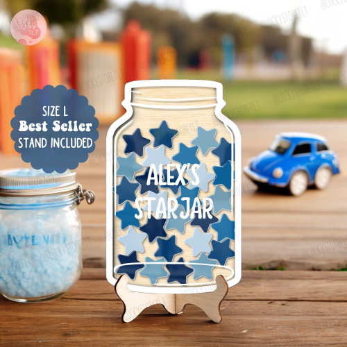 Custom Reward Jar with Blue Stars, Rainbow Classroom Teacher Star Jar, School Supplies, Gifts for Kids Boys, Fridge Magnet, Educational Gift