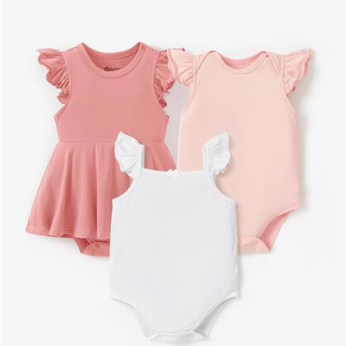 PATPAT Baby Girl Bodysuits - Soft Bamboo Viscose - Flutter Sleeves Cute Dress - Newborn Infant Summer Clothes - 3 Pack
