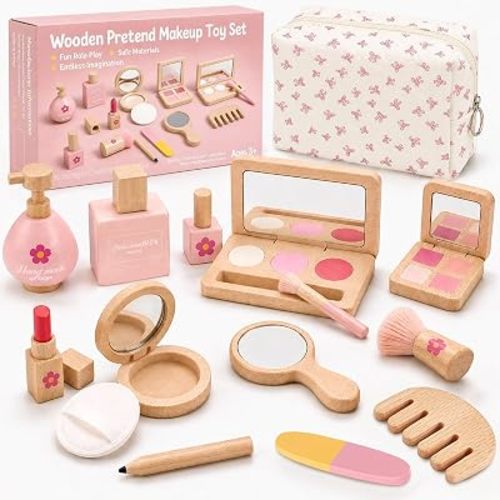 Wooden Pretend Makeup Kit for Girls Ages 3-5, Play Makeup Set with Bag