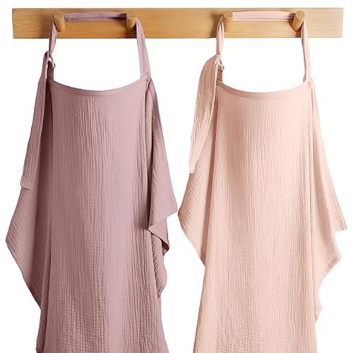 Comfy Cubs Muslin Nursing Cover Pack of 2, 100% Cotton Muslin Breastfeeding Cover for Moms, Soft & Breathable Baby Nursing Scarf, Adjustable Neck Strap - Privacy Coverage - Sand and Cedar