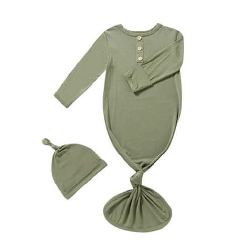 Tao Tao Newborn Baby Boys Girls Knotted Gown Hat Set Soft Bamboo Viscose Infant Sleeper Baby Sleep Gown with Mittens Green 0 Months