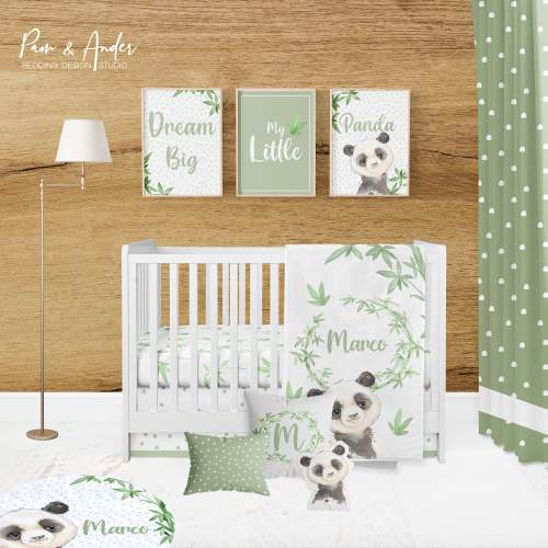 PANDA NURSERY, LEAVES Bedding Set, Personalized Blanket, Leaves Crib Sheet, Bear Baby Bedding, baby bedding