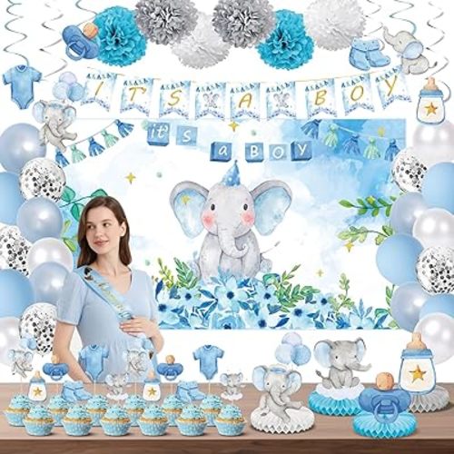 Elephant Baby Shower Decorations for Boy, Blue Baby Boy Shower Decorations Kits with It's a Boy Backdrop, Mommy to Be Sash, Banner, Cake Toppers, Centerpieces, Hanging Swirls, Balloons and Pompoms