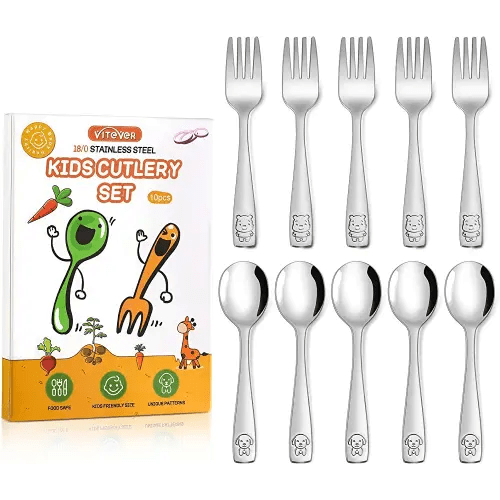 VITEVER 10-Piece Toddler Utensils, Kids Stainless Steel Silverware Set,  Children Safe Forks and Spoons - Mirror Polished, Dishwasher Safe