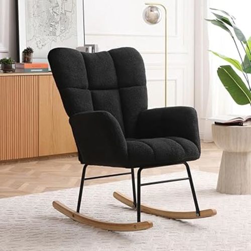 Nursery Rocking Chair, Boho Accent Ottoman, Teddy Upholstered Glider Rocker with High Backrest, Recliner Function and Foot Rest for Living Room, Small Spaces, Bedroom, Black
