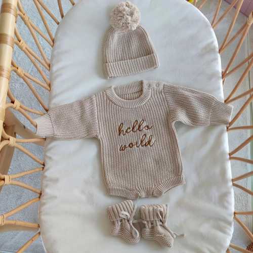 Hello World Birth Announcement Bundle- Organic Cotton - Newborn  Pictures, Baby Shower Gift, Newborn Clothing - Custom Embroidery