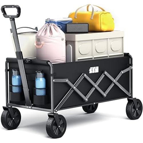 Collapsible Foldable Wagon, Foldig Wagon with Wheel Heavy Duty with 180lbs Weight Capacity Lightweight Utility Camping Wagon for Groceries Garden Beach Sports Fishing (Black)