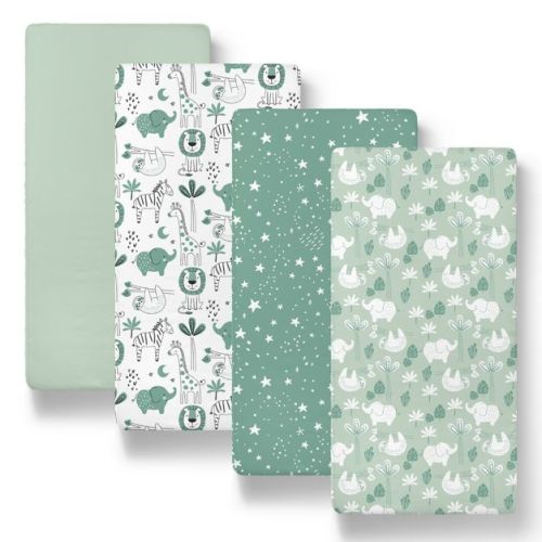 The Peanutshell Green Safari Bassinet Sheets, Green, 4-pack
