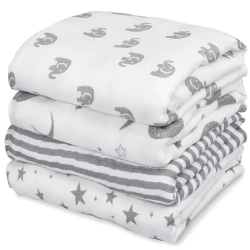 GLLQUEN BABY Muslin Swaddle Blankets 4-Pack Breathable Receiving Blankets (35" x 40") Soft Baby Blankets for Girls and Boys Newborn Essentials Muslin Burp Cloths Swaddle Wrap Baby Gift (Elephant)