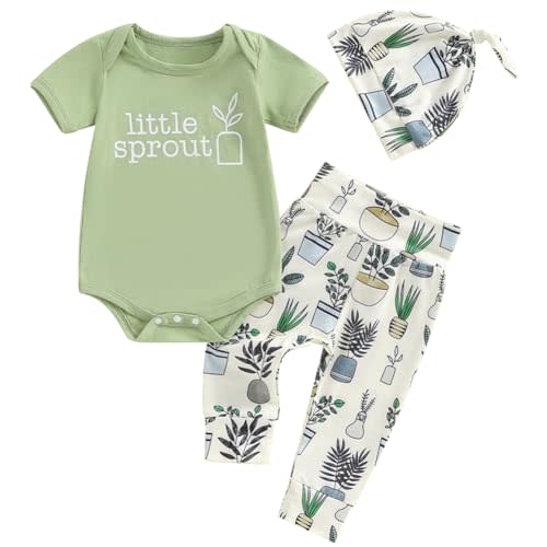 Newborn Baby Boy Girl Summer Outfit Short Sleeve Little Sprout Bodysuit Top and Plants Pants 3pcs Clothes Set