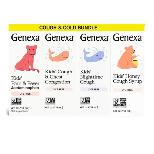 Genexa Kids' Clean Cough Medicine & Honey Cough Syrup, Pain & Fever Reducer Value 4-Pack, Dye Free, 0% Artificial Additives, Cough Care for Children, Fever & Pain Reliever, 16 fl oz (4 Bottles)