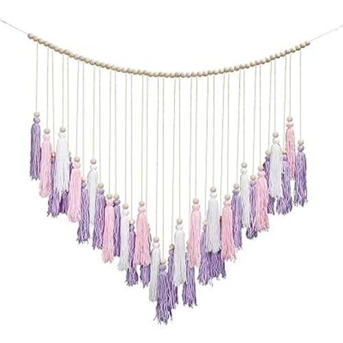 Pink & Purple Macrame Hanging Boho Wall décor, Large Tassel Wall Hanging with Wood Beads, Purple Wall Decor for Bedroom Living Room Girls Room Nursery, 41" W x 32" H