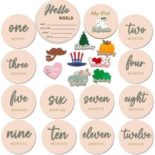 Monthly Baby Milestone Maker Discs, Baby Milestone Signs for Newborn Baby, Hello World Newborn Sign for Baby Girl & Boy, Baby Announcement Sign for 1-12 Month, Milestone Wooden Circles (Sage)