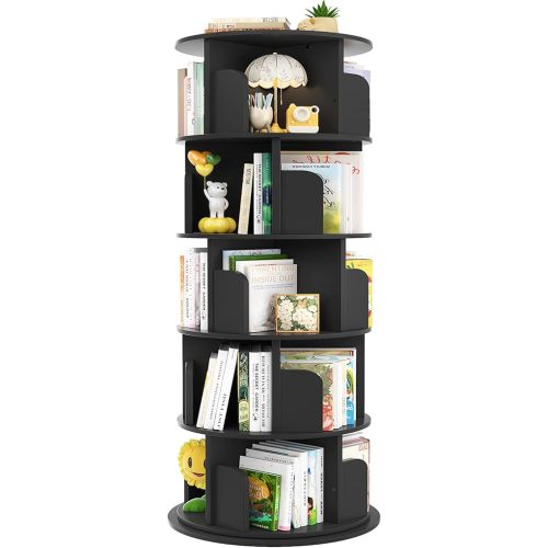 Aheaplus Rotating Bookshelf, 360 Display Wood Spinning Bookshelf Tower, 5 Tier Floor Standing Bookcase Storage Rack, Revolving Bookcase Corner Bookshelf for Small Space, Bedroom, Study Room, Black