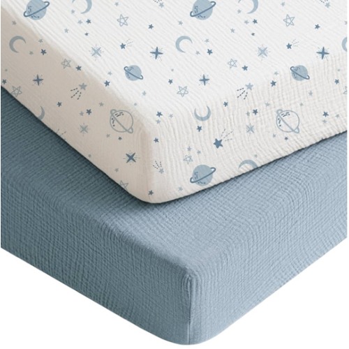 Konssy Muslin Crib Sheets for Boys, Soft Cotton Neutral Baby Sheets for Standard Crib Mattress 2 Pack, 52"x28" (Star,Blue)