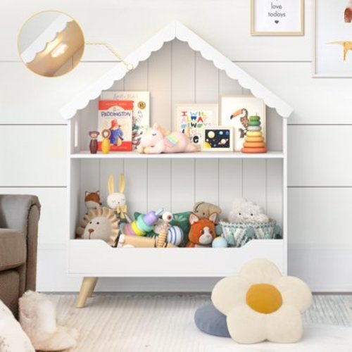 Curipeer 2-Tier Kids Dollhouse Bookshelf, Toy Storage Organizer with Motion-Activated Light, White