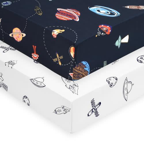 PHF Soft Space Crib Sheet Fitted, 2 Pack Silky Comfy Breathable Polyester Baby Sheets for Boys Girls,28x52x9in Fits Standard Crib and Toddler Mattresses, Space