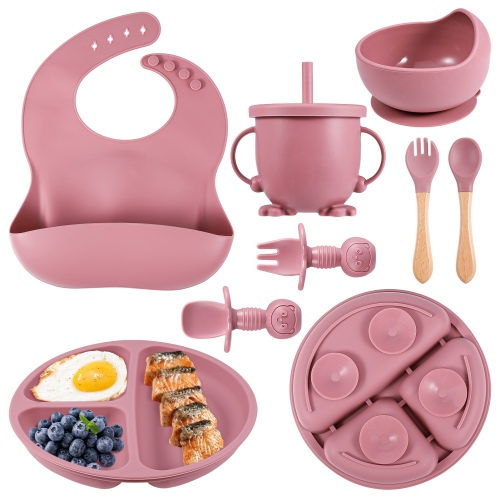 HEQUSIGNS Silicone Baby Feeding Set, 8 Piece Baby Led Weaning Utensils Set, Baby Plates and Bowl Set, Baby Spoon and Fork, Sippy Cup with Straw, Baby Feeding Supplies Set