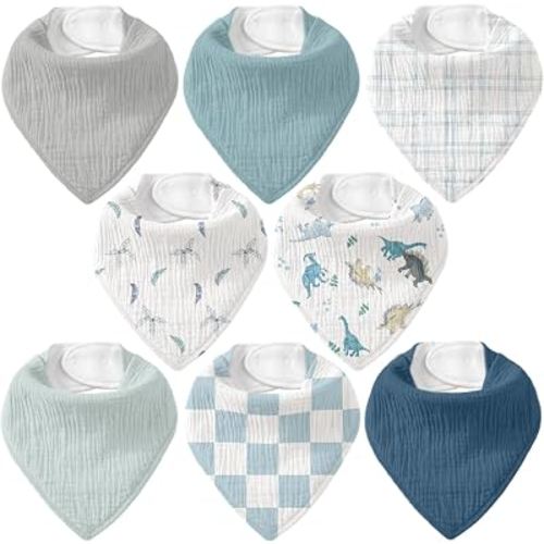 CIVARUA KIDS 8 Pack Muslin Baby Bandana Bibs for Drooling and Teething | Absorbent Cotton Drool Bib for Baby Boy Girl, Easy Adjustable Bibs for Newborn Infants Toddlers, 0-36 Months, Blue Dinosaur