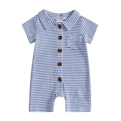 Tehgkeyd Newborn Baby Boy Clothes Striped Button Down Collared Romper Waffle Short Sleeve Jumpsuit Bodysuit One Piece Outfit