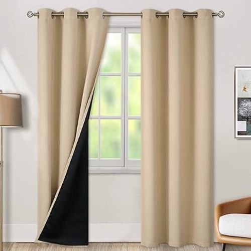 BGment Thermal Insulated 100% Blackout Curtains for Bedroom with Black Liner, Double Layer Full Room Darkening Noise Reducing Grommet Curtain (42 x 84 Inch, Beige, 2 Panels)