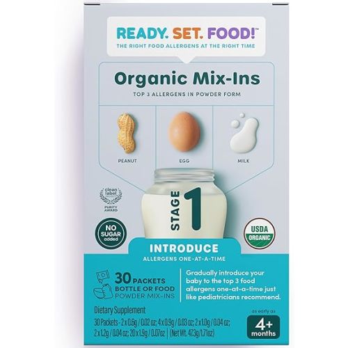 Stage 1 Mix-ins – Safe & Easy Early Allergen Introduction for Babies 4+ Months, Mix with Breastmilk, Formula & Baby Food, With 3 Top Allergens: Organic Peanuts, Milk & Eggs By Ready Set Food!(30 Days)