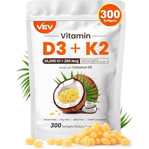 VEV Vitamin D3 Con K2 10000 IU, 300 Virgin Coconut Oil Softgels, 2 in 1 Vitamins Supplement D & K (Include MK7), Easy to Swallow, Supports Calcium Absorption, Bone Health(Packaging May Vary)