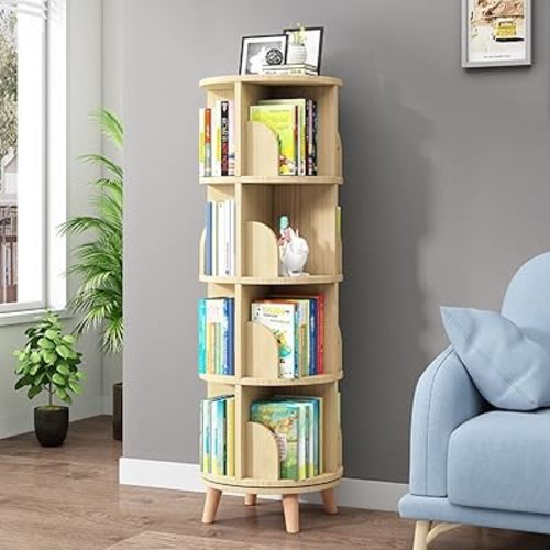 Gdrasuya10 4 Tier Rotating Bookshelf with Legs, Floor Standing Bookshelf Stackable Bookshelf Wood Bookcase Round Bookshelf 360 Display Book Shelf for Living Room Bedroom