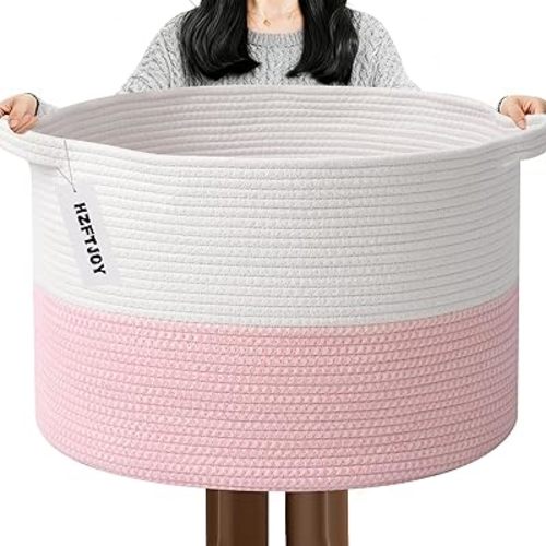 115L Extra Large Pink Woven Cotton Rope Basket with Handles, Kids Nursery Laundry Hamper for Toys, Blankets, Pillows & Comforters, Cute Storage Bin for Bedroom & Playroom
