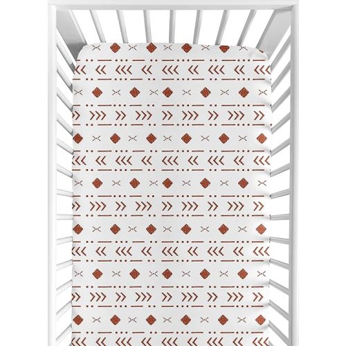 Sweet Jojo Designs White Rust Boho Tribal Mudcloth Boy Girl Fitted Crib Sheet Baby or Toddler Bed Nursery - Orange Woodland Bohemian Southwest Geometric Arrow Gender Neutral Aztec Mud Cloth
