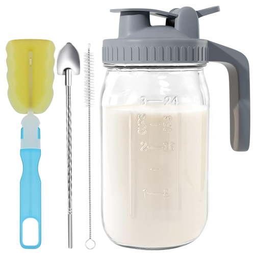 Glass Mason Jar Pitcher - 32oz Breast Milk Pitcher with Pour Spout Lid, Airtight Seal - Ideal for Cold Brew Coffee, Juice, Lemonade, and More - Premium Glass Jug for Beverages and Sun Tea