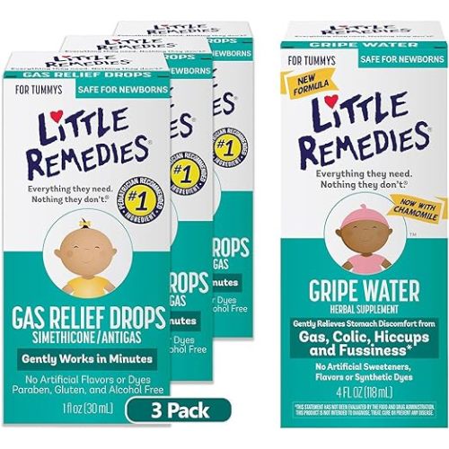 Little Remedies Baby Bundle; 1oz Natural Berry Flavor Gas Relief Drops, Pack of 3 & 4Fl Oz Gripe Water - 1 Fl Oz (Pack of 3) & 4 Fl Oz Bundle