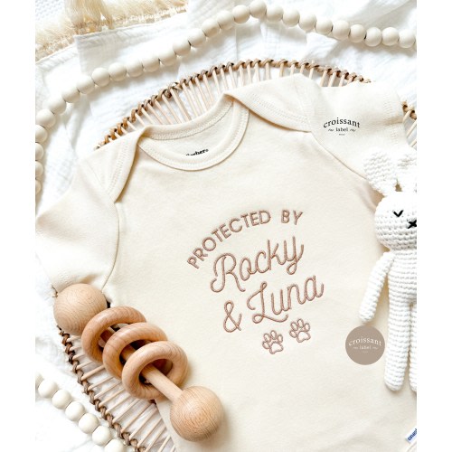 Custom Dog Onesies®, Protected By 2 Dogs Name, Embroidered Personalized Announcement Baby Onesies®, Custom baby shower gift, Newborn Gift