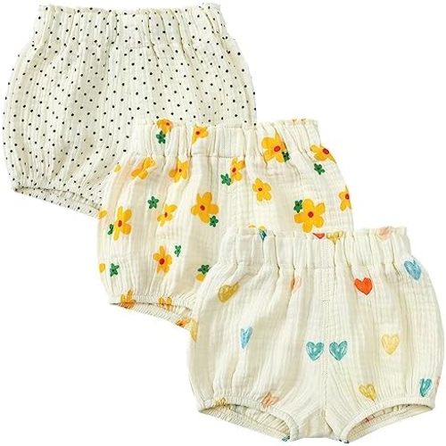 3PC Shorts Set Newborn Baby Girls Boys Pants Cotton Linen Blend Cute Floral Bloomers Triangle Shorts