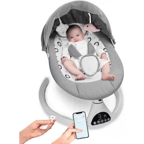 Baby Swing for Infants to Toddler Portable Babies Swing Timing Function 5 Swing Speeds Bluetooth Touch Screen Music Speaker with 10 Preset Lullabies 5-Point Carabiner Gray