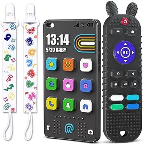 TV Remote Control Shape Baby Teething Toys and Phone Shape Teether Toys for Babies 6-12 Months, Soft Flexible Silicone Chew Toys for Baby - Black