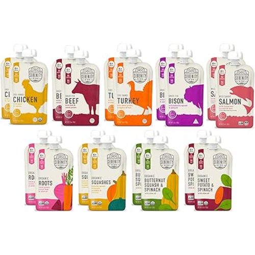 Serenity Kids 6+ Months Meats + Veggies Mixed Baby Food Puree Pouch Variety Pack 18 Count- No Sugary Fruits or Added Sugar - 3.5 Oz BPA & Allergen Free Pouch- Baby Puree Variety Pack