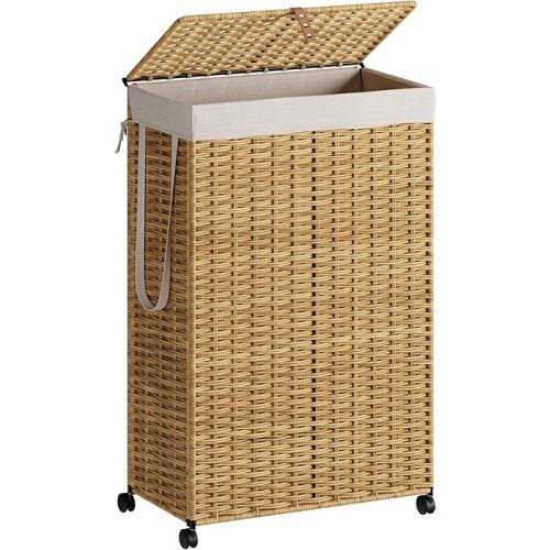 Rolling Laundry Hamper with Wheels and Lid, 90L Slim Laundry Basket with Removable Bag, Foldable Handwoven Rattan Laundry Sorter, Narrow Dirty Clothes Basket Organizer, No Assembly, Natural