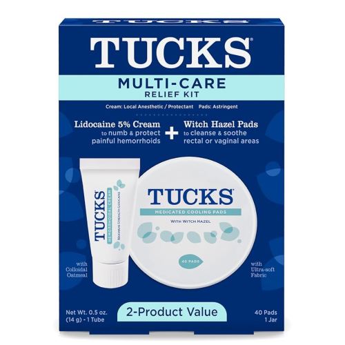 Tucks Multi-Care Relief Kit – 40 Count Witch Hazel Pads & 0.5 oz. Lidocaine Cream - Protects from Irritation, Hemorrhoid Treatment Medicated Pads Used by Hospitals