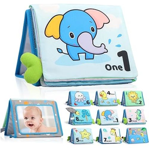 Caterbee Baby Mirror Toys, Tummy time Toy Baby Cloth Book with Mirror, Fun Crinkly Sounds for Early Learning and Developmental Playtime Toddler