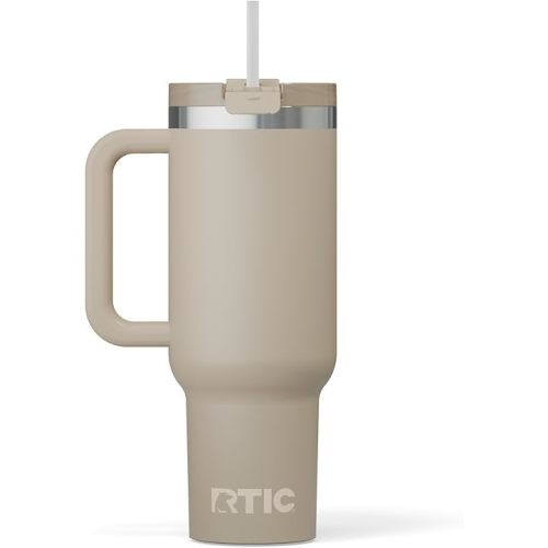 RTIC 40 oz Road Trip Tumbler Double-Walled Insulated Stainless Steel Portable Travel Coffee Mug Cup with Lid, Handle and Straw, Beach