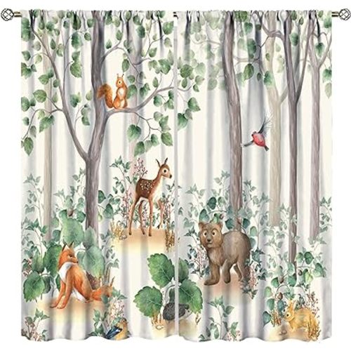 Forest Animal Curtains,Fox Elk Bird Animal Watercolor Woodland Print Curtains Kids Nursery Bedroom Living Room Home Decoration 42x54 Inch