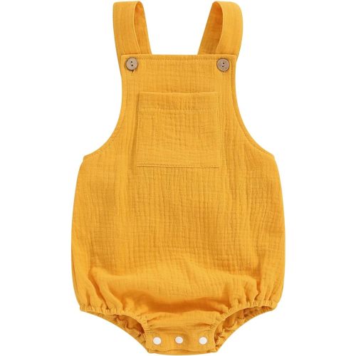 Sasaerucure Baby Cotton Linen Overalls Solid Color Sleeveless Square Neck Backless Romper for Boys Girls - Yellow - 6-12 Months