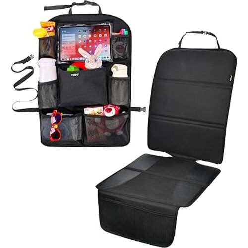 PIDO Backseat Car Organizer Kick Mat + Car Seat Protector for Child Car Seat, Seat Back Organizer with Tablet Holder and pockets, Seat Cover Mat Under Baby Car Seat, Full Protection for Car Interior