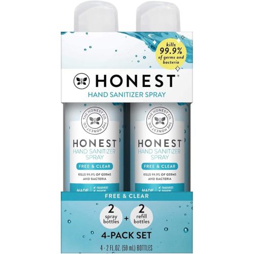 The Honest Company Plant-Based Hand Sanitizer Spray | Kills 99.9% of Germs | Hypoallergenic, Quick-drying + Moisturizing | Fragrance Free, 2 fl oz (pack of 4)