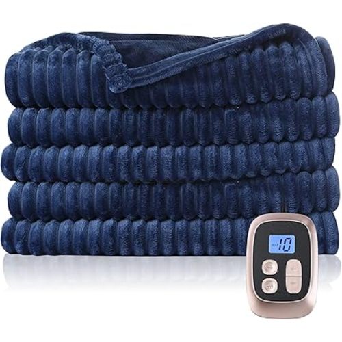 DUODUO Electric Heated Blanket Full Size 72"x84" Reversible Cozy Silky Flannel Fabric with Ribs, Fast Heating with 10 Heating Levels 12 Hours Auto-Off for Bedding - Navy