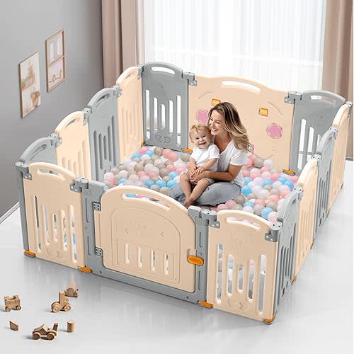 UANLAUO Baby Playpen,Large Play Pens for Babies and Toddlers, Sturdy Baby Play Yards with Anti-Slip Base, Non-Toxic, Safe Indoor & Outdoor Kids Activity Center with Breathable Mesh (Grey+Cream)