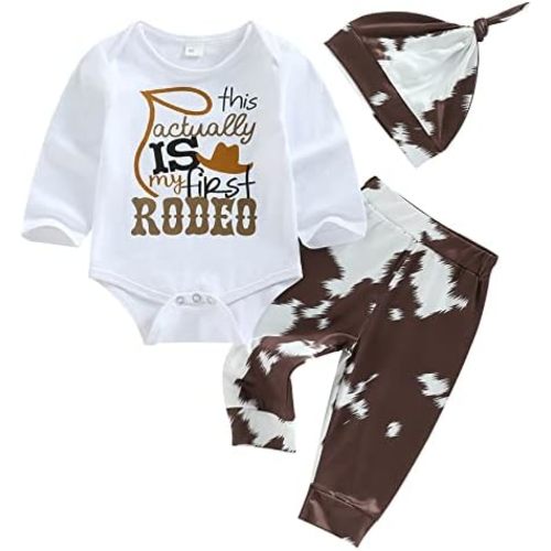 SAYOO Western Newborn Baby Boys Cowboy Outfits Cow Print Letter Bodysuit+Long Leggings+Cap 3pcs Infant Boy Country Clothes