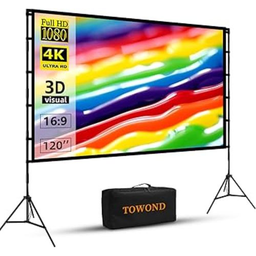 Projector Screen and Stand, Towond 120 inch Portable Projector Screen Indoor Outdoor Projector Screen 16:9 4K HD Wrinkle-Free Lightweight Movie Screen with Carry Bag for Backyard Movie Night